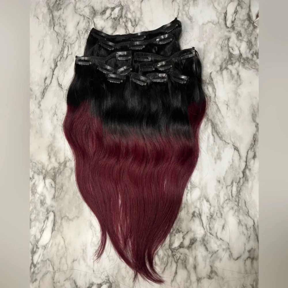 18 Inch  Clip In 100% Human hair Balayage Black with Red Burgundy Straig…